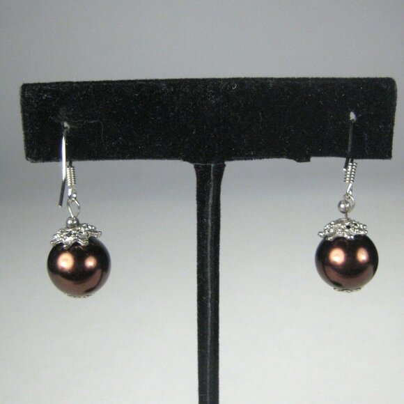 Earring Pierced 1.1 in Jewelry Beaded  Dangle Wire Hook Brown Silvetone - Picture 5 of 5
